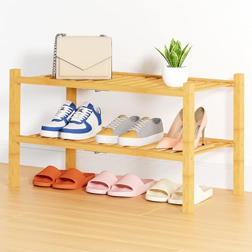Smiry Bamboo Shoe Rack, 14 Vertical Slats, 2 Tier - 26.8" Wide, Natural | Stackable Free Standing Wooden Shoe Organizer, Wood Shoe Storage Shelf for Closet, Entryway, Thicher Leg - color: Natural, size: 26.80" Wide - 2 Tier - Thicker