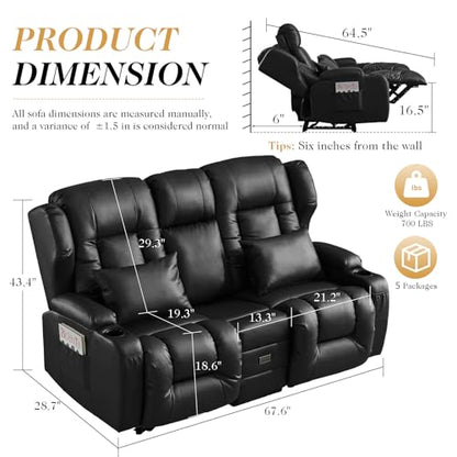 Loveseat Recliner Sofa,RV Wall Hugger Recliners with Flip-up Console,Reclining Loveseat Sofa Recliner with Cup Holders/Lumbar Pillows for Small Spaces,RV Furniture (Black,68" 2-Seater) - color: Black, size: 68" 2-Seater