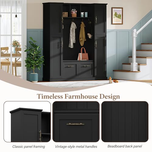 JIVOIT Farmhouse Hall Tree with 4 Side Cabinets, Adjustable Shelves & Open Cubbies, All-in-One Mudroom Furniture, Beadboard Entryway Bench with Coat Rack & 5 Hooks for Hallway (Black,152) - color: Black,152
