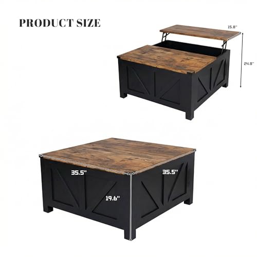 35” Farmhouse Coffee Table with Large Storage, Rustic Wood Lift Top Coffee Table for Living Room, Square Center Table with Charging Station&USB, Modern Port Pottery Barn Lift top Table - color: Black