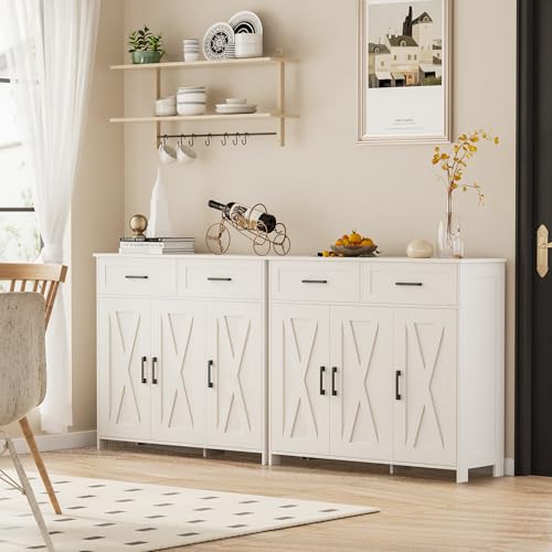 Homhedy Coffee Bar Storage Cabinet with Drawers, Kitchen Buffet Cabinet | Sideboard Cabinet with Doors, Farmhouse Buffet Cabinet, Adjustable Shelves, for Kitchen / Dining / Living Room, White - color: White