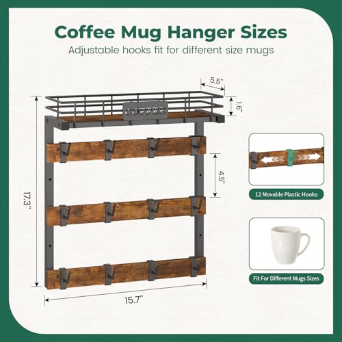 EsLuker.ly Coffee Mug Holder Cup Hanger Wall Mounted Display Rack | Metal Organizer with 12 Movable Plastic Hooks, Wood Rustic Shelf for Coffee Bar Home Kitchen, Thoughtful Wall Storage - style: 12 Movable Hooks Brown Style
