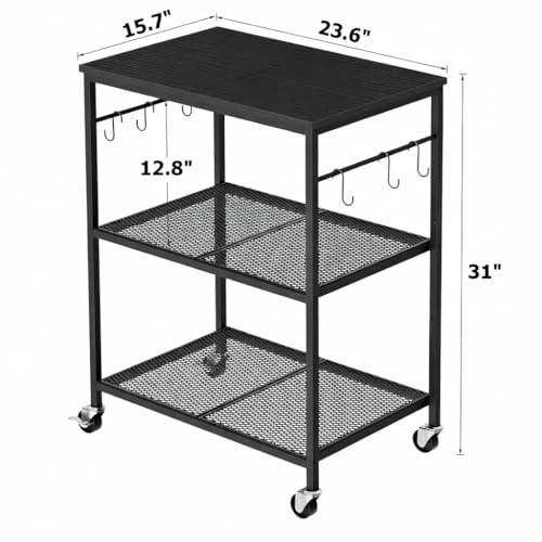 Homleke 3-Tier Rolling Kitchen Microwave Cart, Utility Cart | with Lockable Wheels Coffee Bar Table Station with 6 Hooks, Small Appliance Storage Shelf, Black - color: Black