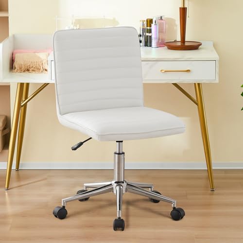 Furnimart Armless Swivel Rolling Desk Chair, Adjustable Faux Leather Vanity Chair with Gold Legs, Cute Task Chair with Wheels for Living Room Bedroom Studying Small Places (PU White) - color: Pu-white