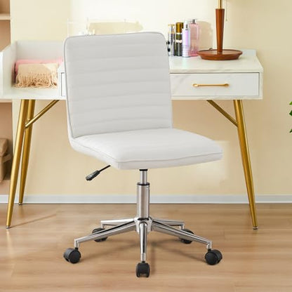 Furnimart Armless Swivel Rolling Desk Chair, Adjustable Faux Leather Vanity Chair with Gold Legs, Cute Task Chair with Wheels for Living Room Bedroom Studying Small Places (PU White) - color: Pu-white