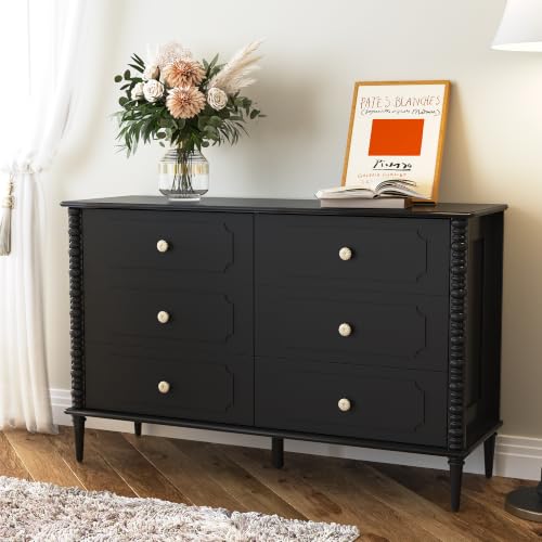 Black 6 Drawer Dresser for Bedroom, 47" Wide Chest of Drawers with Turned Legs and Ceramic Knobs, Double Dresser, Wood Drawer Storage Organizer for Bedroom, Living Room, Hallway - color: Black, size: 15.5"D x 47"W x 30"H (6 Drawers)