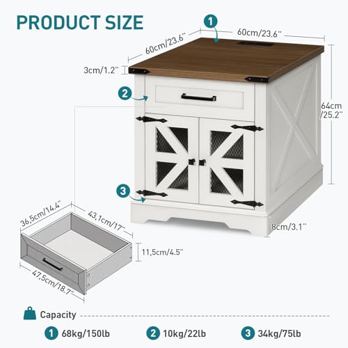 White Farmhouse End Table with Charging Station, 24" Large Sofa Side Table with Drawer, Large End Table for Living Room, Wooden Nightstand with Outlet, Square, White and Walnut - color: White and Walnut