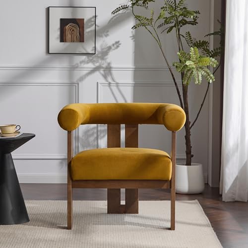 Christopher Knight Home Linton Modern Velvet Upholstered Accent Chair, Living Room Solid Wood Lounge Chair, Bedroom Soft Cushion Comfy Reading Chair, Home Office Sofa Armchair, Mustard Yellow+Brown - color: Mustard Yellow+brown
