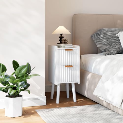 IBUYKE Narrow Nightstand,Slim Bedside Table with 2 Drawer,White UWNS015W | Space Saving,Skinny Bedside Table for Small Spaces,Wood Side End Tables for Bedroom Living Room