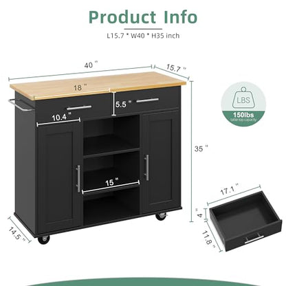 Shintenchi Kitchen Island with Storage, Kitchen Island Cart on Wheels with 3 Open Shelves, 2 Drawers and 2 Cabinets, Rolling Kitchen Table with Large Countertop, Black - color: Golden