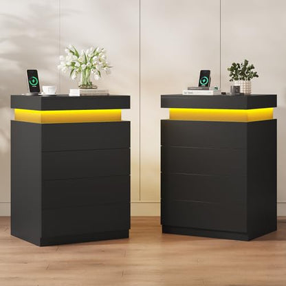 ADORNEVE Black Large Modern Night Stand Set of 2 | Tall Nightstand with Charging Station & LED Light & Sliding Top,Bedside Table with Drawers,Bed Side Tables Bedroom - color: Black, size: 2PC