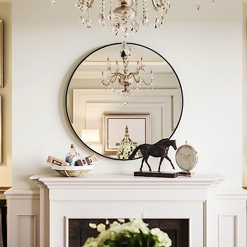 Growsun 32 inch Wall Round Mirror, Large Wall Mounted Circle Mirror Black Metal Frame for Bathroom, Entry, Dining Room, & Living Room - color: Black, size: 32"L x 32"W