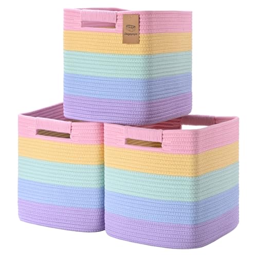 11 Inch Storage Cubes, 3 Pack Cube Storage Bins for Organizing, Cotton Rope Woven Baskets for Shelves, Bathroom, Kids Room, Closets, Baby Nursery - color: Light Rainbow, size: 11"×11"×11" - 3Pcs
