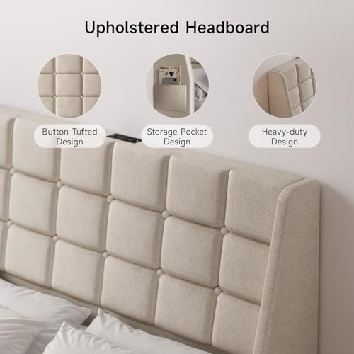 Ergonomic Upholstered Headboard Full Size w/Charging Station, Linen Wingback Headboards w/Storage Pocket, Full Headboard Only, Bed Frame Adapters, Sturdy Stable Solid Wood Bed Head Board, Beige - color: White Beige, size: Full