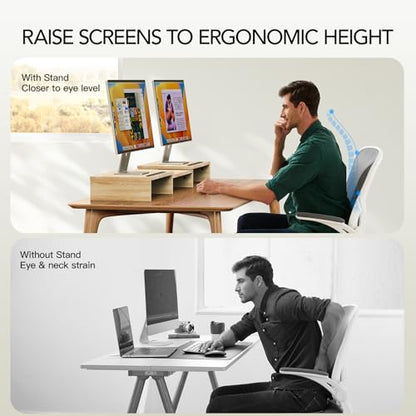 AMERIERGO Dual Monitor Stand Riser- 3 Shelf Screen Stand with Adjustable Length and Angle, 2 Extra Functional Slot Desktop Organizer Stand for PC, Computer, Laptop (Light Wood) - color: Light Wood