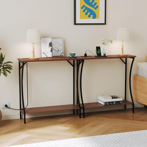 ARTPOWER Console Table with Built-in Power Outlets, Wood Narrow Behind Couch Sofa Table with Charging Station, Skinny Entryway Table with Open Shelf for Living Room, Hallway,Foyer,Set of 2, Brown - color: Brown, size: 2-packs
