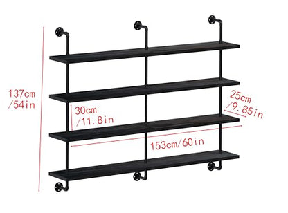 HDDFER Floating Shelves for Wall Bookshelf Industrial Pipe Shelving Shelves 60 Inch Natural Wood Planks Rustic Wall Shelves Hanging Bookshelves Farmhouse Kitchen Shelving Black - color: Black, size: 4Tier60in