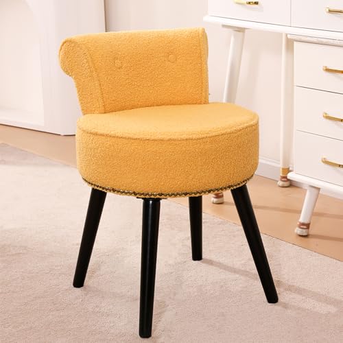 Vanity Chair with Back, Sherpa Stool with Tufted Backrest & Gold Nailhead Trim, Round Vanity Seat for Bedroom and Bathroom Makeup, Support 220lbs, Easy Assembly (Yellow) - color: Yellow