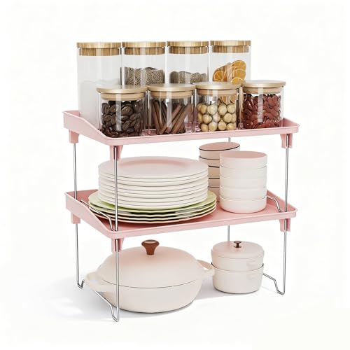 STARLATTA 2 Pcs Cabinet Organizer Shelf，Stackable Kitchen Counter Shelves, Spice Rack,Countertop Organizers，Pink Plastic Storage Shelves Rack for Makeup，Bathroom, Cupboard，Desk，Pantry Organization - color: pink, size: 2 pack