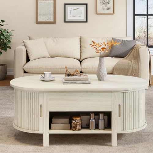 43.3" Oval Lift Top Fluted Coffee Table with Sliding Door, Natural | Mid-Century Modern Fluted Coffee Table with Lift Tabletop & Multi-Storage Spaces, Dining Table for Living Room, Home Office - color: Natural