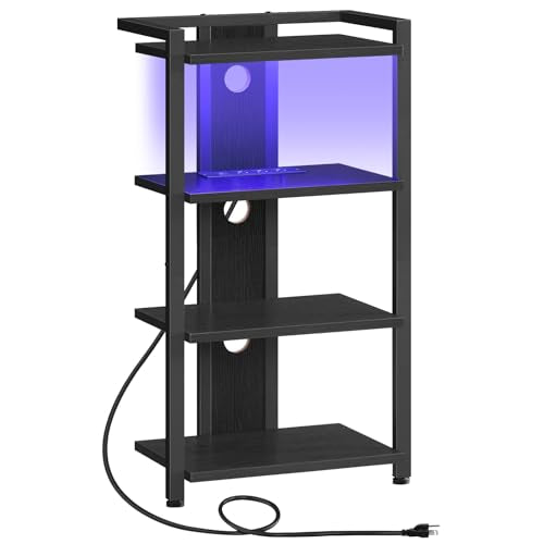 HOOBRO Game Console Shelf, 4-Tier Video Gaming Consoles Stand with Outlet & RGB Light, Audio Rack Tower for Turntable, Stereo Equipment, Wooden Entertainment Storage Stand, Black BB38UDCJ01 - color: Black, size: 16.5"L x 10.6"W x 31.8"H