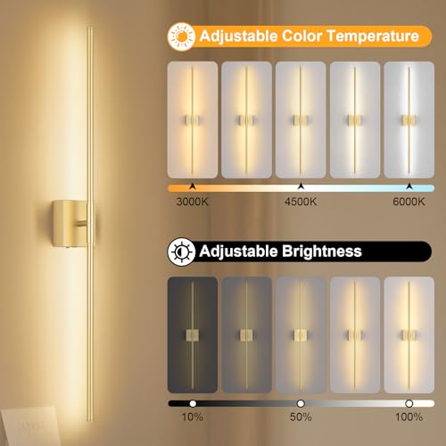 Battery Operated Wall Sconce, 3000K-6000K Dimmable Gold Wall Lights with Remote Control, Timable LED Wireless Wall Sconces, 350° Ratate for Bathroom, Living Room, Hallway 39.4 Inch 1 Pack - color: Gold, size: 39.4in(1 Pack)