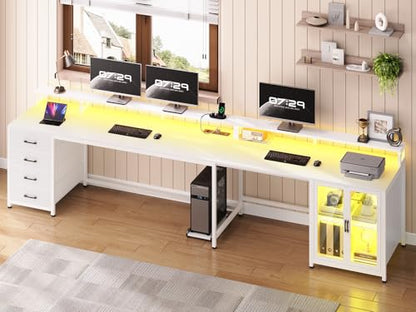 SEDETA L Shaped Gaming Desk with 4 Drawers, 109” Computer Desk with Display Cabinet, Home Office Desks with 2 Monitor Stands, CPU Stand, LED Lights and Power Outlet, White - color: White