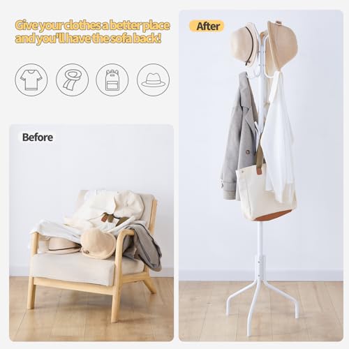 Coat Rack Freestanding for entryway,Living Room,Bedroom,Metal coat tree with12 Hooks and 3 Legs,hat stand (White) - color: White