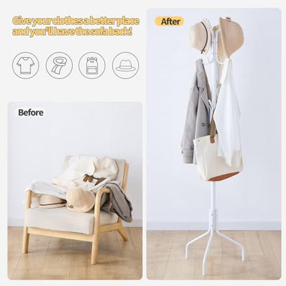 Coat Rack Freestanding for entryway,Living Room,Bedroom,Metal coat tree with12 Hooks and 3 Legs,hat stand (White) - color: White