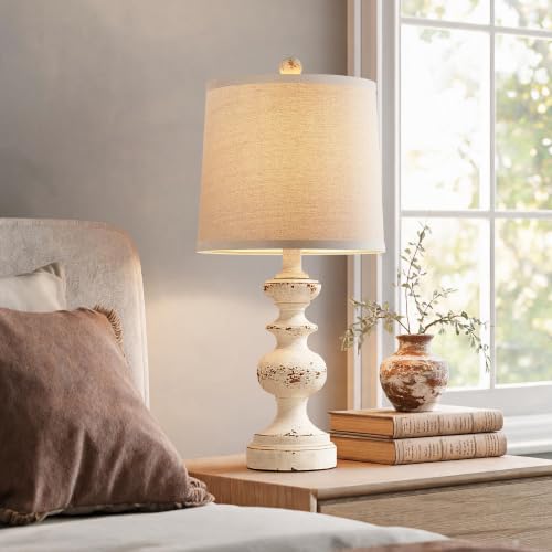 Farmhouse Table Lamp Set of 2, Rustic Table Lamps for Living Room Bedroom, 22" Mid Century Modern Desk Lamp Bedside Nightstand Lamps with Linen Tapered Drum Shades, Washed White - color: Washed White