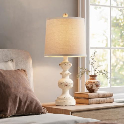 Farmhouse Table Lamp Set of 2, Rustic Table Lamps for Living Room Bedroom, 22" Mid Century Modern Desk Lamp Bedside Nightstand Lamps with Linen Tapered Drum Shades, Washed White - color: Washed White