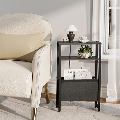 Narrow Side Table with Charging Station, Slim End Table with Magazine Rack, Bedside Table for Small Spaces, 3 Tier Sofa Couch Table Nightstand for Living Room, Bedroom, Black LET503BE - color: Black, style: With Charging Station