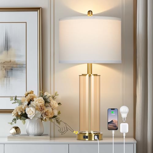 Ruzectt 26" Glass Table Lamp Single, 3-Way Dimmable Touch Control Living Room Lamp with USB C+A Ports & AC Outlet, Modern Bedside Lamps, Bedroom Lamps for Nightstand Side End Table Desk, Brown-1PK - color: Brown-1PK