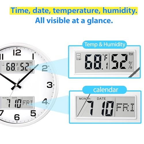 13" White Battery Powered Silent Wall Clock with Calendar Temperature and Humidity H-7326 - color: White