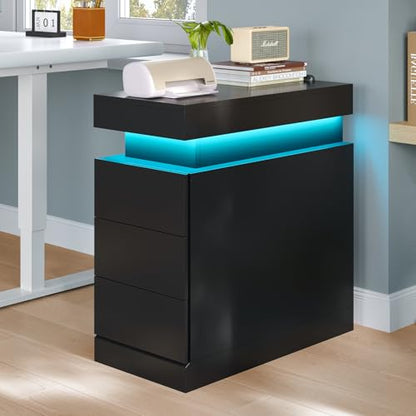 Narrow Nightstand Charging Station, End Table with Sliding Top, 3 Drawers Bedside Tables for Living Room Bedroom, Night Stand for Small Space (Black)