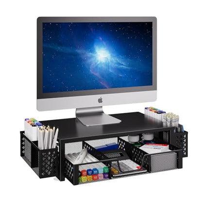 Simple Trending Desk Organizer, Computer Monitor Stand Riser, Black | Metal Laptop & Printer Stand, Desktop Organizer with Drawer & 2 Pen Holders, Anti-Slip Pads, 18.5"W x 9.5"D x 4.75"H - size: 18.5"W x 9.5"D x 4.75"H