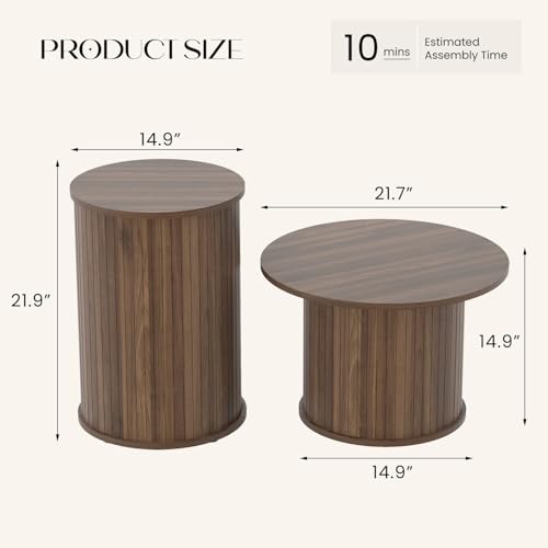 Set of 2 Round Nesting Coffee Tables for Living Room, Fluted Circle Walnut Wood Coffee and End Table Sets for Apartment, Small Spaces, Bedroom, Modern Style, Easy Assembly & Maintenance