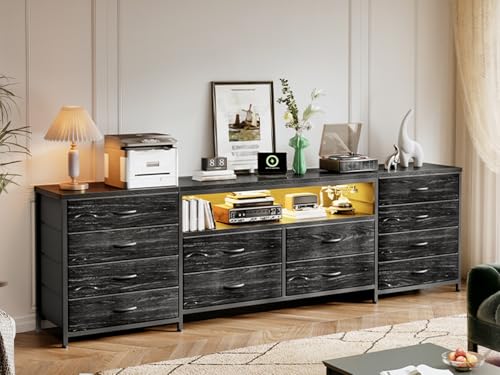 EnHomee 12 Drawers Dresser for Bedroom,TV Stand Fits 55/65/70 inch TVs | Entertainment Center with LED Lights & Power Outlets,Long Fabric Dresser with 2 Wood Shelves for Living Room,Black Wood Grain - color: Black Wood Grain