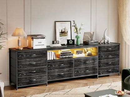 EnHomee 12 Drawers Dresser for Bedroom,TV Stand Fits 55/65/70 inch TVs | Entertainment Center with LED Lights & Power Outlets,Long Fabric Dresser with 2 Wood Shelves for Living Room,Black Wood Grain - color: Black Wood Grain