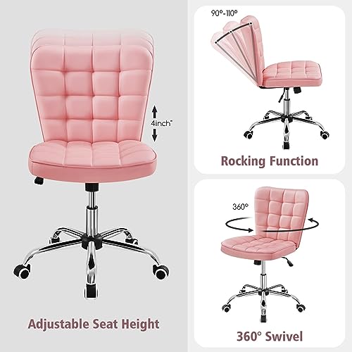 Yaheetech Pink Tufted Armless Office Desk Chair with Wheels, Faux Leather | Thick foam cushioned seat tilts back to relax, lifts 18-22 in, spins 360 degrees, holds 300 lb, and assembles with ease. - color: Pink