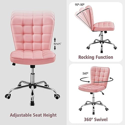 Yaheetech Pink Tufted Armless Office Desk Chair with Wheels, Faux Leather | Thick foam cushioned seat tilts back to relax, lifts 18-22 in, spins 360 degrees, holds 300 lb, and assembles with ease. - color: Pink