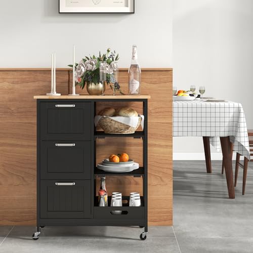 COSTWAY Kitchen Storage Island Cart on Wheels, Kitchen Rolling Trolley Cart with 3 Drawers and Shelves, 360° Wheels & Detachable Tray, Utility Cart for Dining Room, Living Room & Bedroom (Black) - color: Black