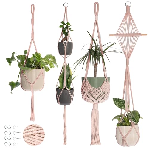 4-Pack Macrame Plant Hangers with 8 Hooks - Hanging Planters for Indoor Plants, Boho Macrame Hangers Indoor Outdoor, Decorative Plant Hanger Indoor (Pearl) - color: 4-pack Pearl