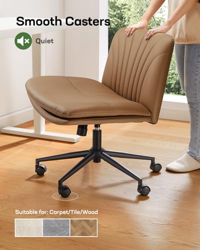 Marsail Armless-Office Desk Chair with Wheels: PU Leather Cross Legged Wide Chair,Comfortable Adjustable Swivel Computer Task Chairs for Home,Office,Make Up,Small Space,Bed Room, Brown - color: Brown