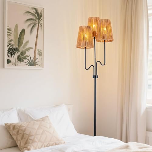 MAYNA 3-Light Black Boho Floor Lamp with Handwoven Rattan Shades | Adjustable Swiveling Arms, Foot Switch Standinmg Floor Lamp for Living Room & Bedroom, 3 LED Bulbs Included - color: Black 3 Lights