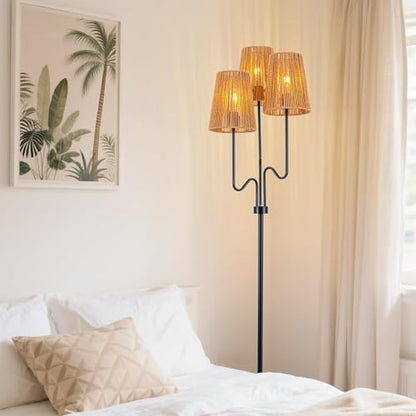 MAYNA 3-Light Black Boho Floor Lamp with Handwoven Rattan Shades | Adjustable Swiveling Arms, Foot Switch Standinmg Floor Lamp for Living Room & Bedroom, 3 LED Bulbs Included - color: Black 3 Lights