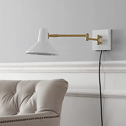 JONATHAN Y Hygge 1-Light Modern Swing Arm USB Sconce 8", White/Brass Gold | Metal Construction, Plug-In Midcentury Bedside Wall Lamp, Cone Shade, Adjustable Head, LED Bulb Included - color: White/Brass Gold