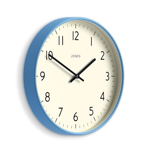 JONES CLOCKS® Studio Clock | Modern Round wall Clock | 12" | Mid Blue | Easy to Read Numbers | Versatile Design for Kitchen, Living Room or Office - color: Mid Blue