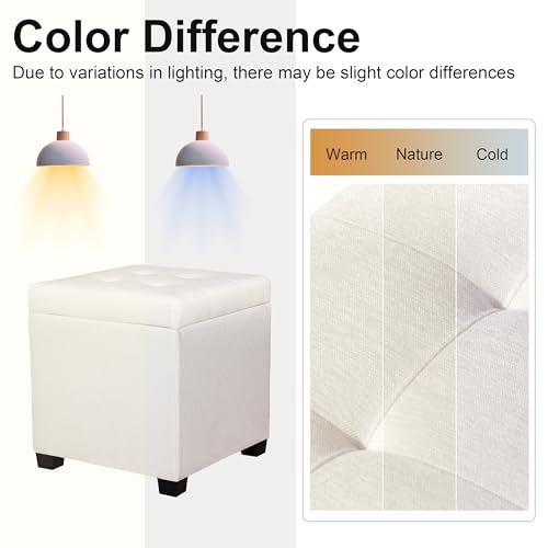 15 inch Square Storage Ottoman with Tray Lid,Modern Tufted Fabric Cube Coffee Table with Storage,Upholstered Ottoman with Removable Top for Living Room, Bedroom - color: Cream White With Tray