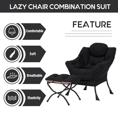 Lazy Chair with Ottoman, Comfy Accent Reading Chair, Black | Foldable Footrest,Removable Cover,with Armrests and Side Pockets,Upholstered Lounge Chair for Bedroom,Dorm,Office,Small Space - color: Black